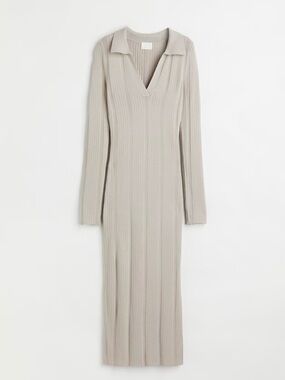 H&M Ribbed V-Neck Collared Maxi Dress - Light Taupe
